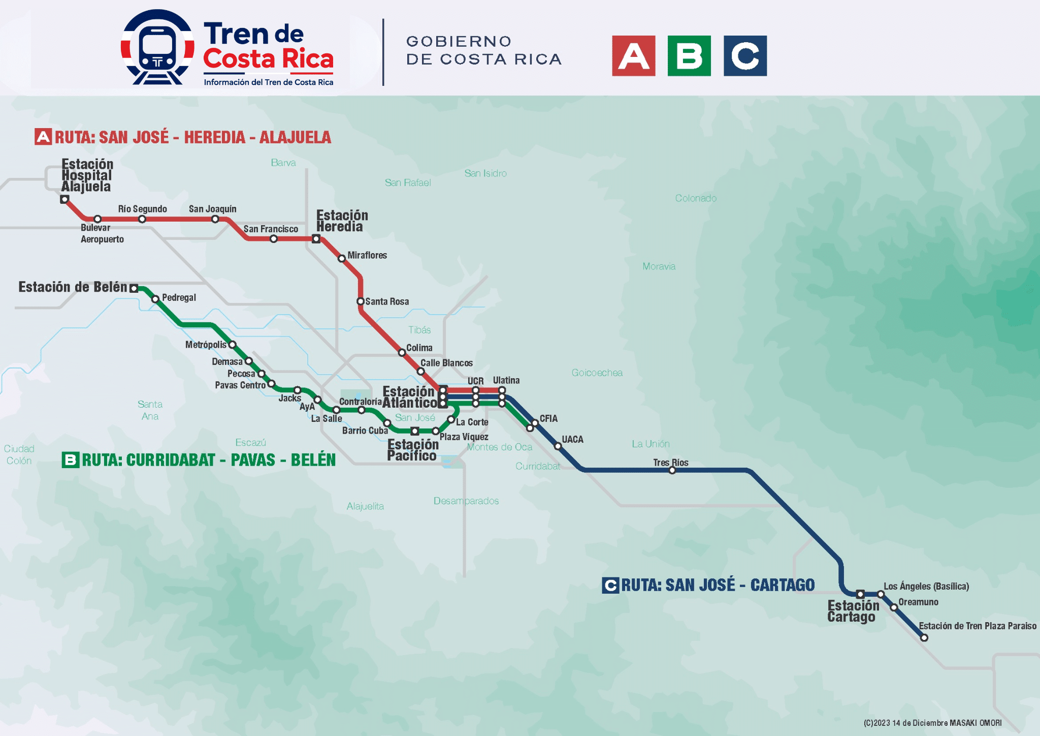 Mapa esquemático del Tren de Costa Rica con las tres rutas urbanas: Cartago, Heredia-Alajuela y Curridabat-Pavas-Belén